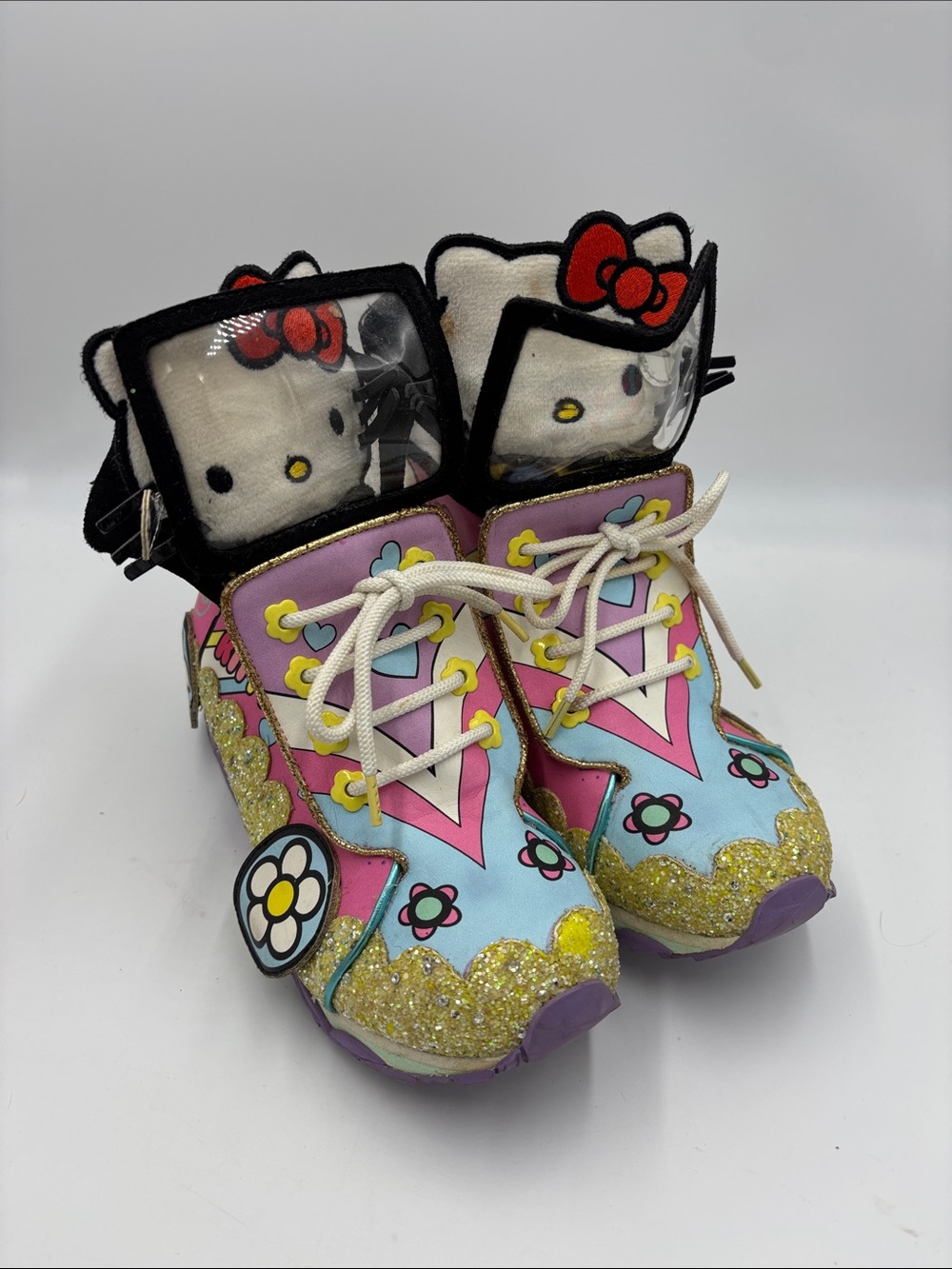 Irregular Choice Hello Kitty Glitter Lace-Up Ankle Boots in Pink, Blue & Gold